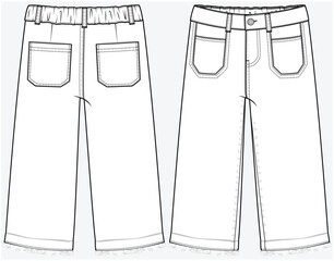 LOOSE FIT WIDE LEG DENIM JEANS WITH STYLIZED POCKET DETAIL DESIGNED FOR KID GIRLS TWEEN GIRLS AND TODDLER GIRLS IN VECTOR FILE