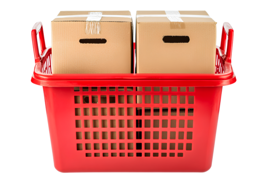 3 cardboard boxes inside a red plastic shopping basket, against a transparent background PNG