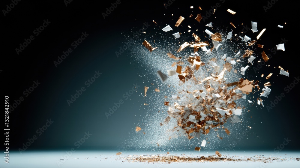 Poster Dynamic Particle Burst Metallic Confetti Explosion Capturing Immersive Digital Performance Art and High-Energy Visual Design Experience