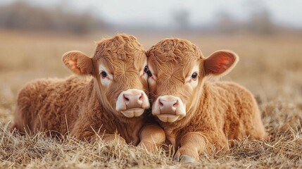Fototapeta premium Two adorable baby calves resting sweetly in a sun-drenched meadow with joy