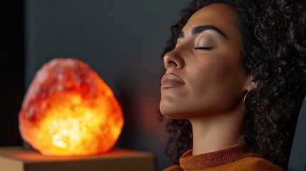 Holistic Wellness Moment Tranquil Professional Meditation with Himalayan Salt Lamp - Mindful Workplace Healing and Stress Relief Aesthetic