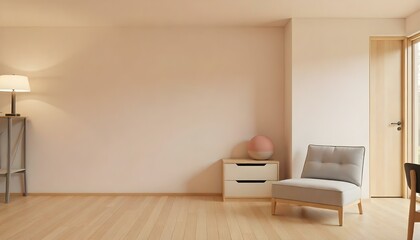 Minimalist living room with wooden floor, gray wall, a wooden cabinet with gray drawers and a gray armchair