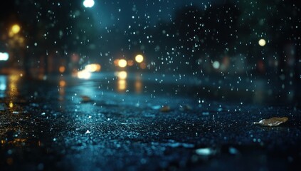 Rainy night city street, blurred lights, wet asphalt.