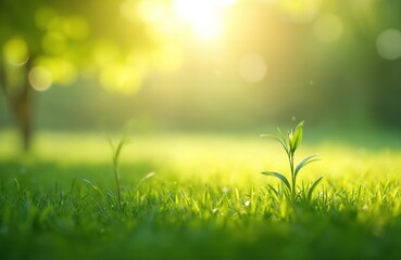 Obraz premium Green garden grass lawn in spring with sunlight on background tree leaves. Natural fresh meadow during sunny springtime. Summer sun environment texture park growth lawn landscape