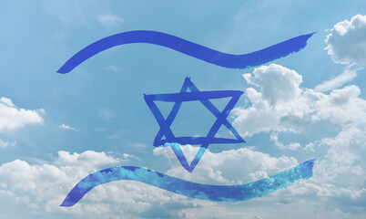Flag of Israel painted with watercolor paint against backdrop background of sunny sky with rays and...