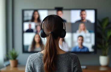 Woman in headphones at virtual meeting on screen with blurred participants during video conference. Online business discussion, remote work from home, modern workspace with latest tech.