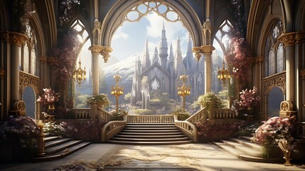 Fototapeta premium Grand Palace View: A majestic castle scene viewed from an ornate palace hall, showcasing architectural grandeur and serene beauty.