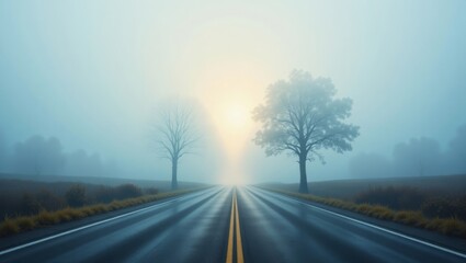 Enigmatic Foggy Road, Symbolizing Life's Journey and Choices in a Tranquil Setting