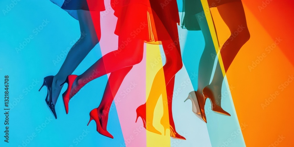 Poster pop art motion dynamic high heel fashion silhouettes in bold color block design - contemporary creat