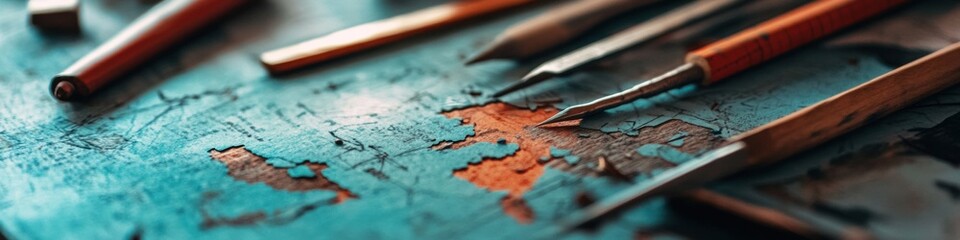 Fototapeta premium Precision Engineering Visualization Innovative Blueprint Mapping with Vintage Drafting Tools on Weathered Teal Surface - Creative Technical Design Methodology