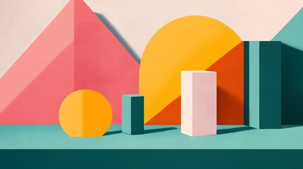 Naklejka premium Vibrant Geometric Shapes and Pastel Accents in Retro Abstract Style Flat Design