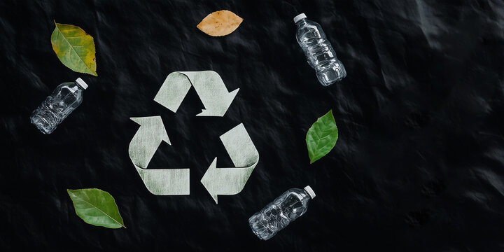 Eco-Friendly Cycle: Captivating top-down shot of the universally recognized recycle symbol, creatively crafted, surrounded by scattered plastic bottles and vibrant leaves.