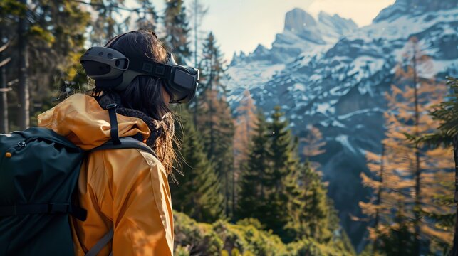 Hiker Exploring Scenic National Park with AR Goggles in Majestic Mountain Landscape - Powered by Adobe