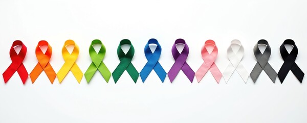 Colorful awareness ribbons row lying on white background. Colors signs of hope, support, charity for health prevention, medical treatment, survivor care. International concept for disease fight,