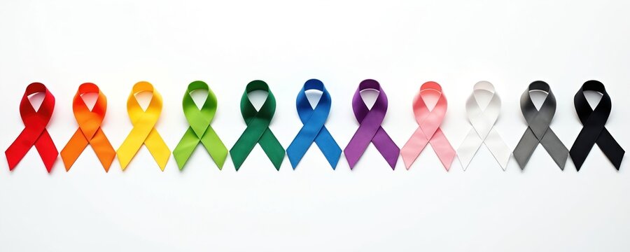 Colorful awareness ribbons row lying on white background. Colors signs of hope, support, charity for health prevention, medical treatment, survivor care. International concept for disease fight,