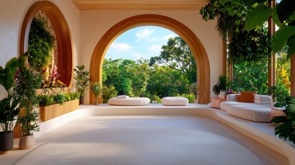 Fototapeta premium A serene indoor space with large arches, natural light, and lush greenery, creating a calm and inviting atmosphere.