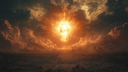 Obraz premium Apocalyptic scene showcasing a luminous explosion in a clouded sky over a desolate landscape
