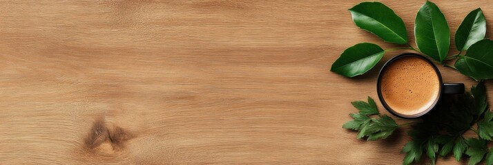 Fototapeta premium Minimalist Zen Workspace Warm Coffee Moment on Natural Wood Texture - Biophilic Design and Calm Productivity Essentials for Modern Professionals