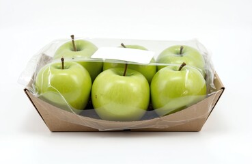 Packed fresh green apples in cardboard box wrapped in plastic film with blank label. Healthy diet food rich in vitamins, minerals. Raw, organic, sweet fruits harvest from local market.