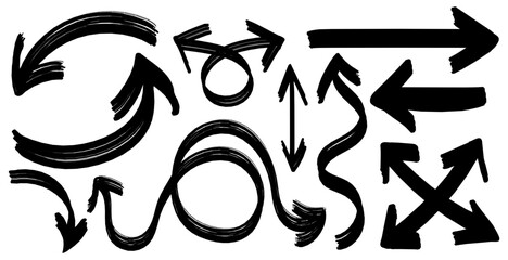 Black hand-drawn arrows with bold brush strokes in a grunge style set. Various directions and shapes for design elements, presentations, infographic,poster,social media graphics,digital artwork.Vector