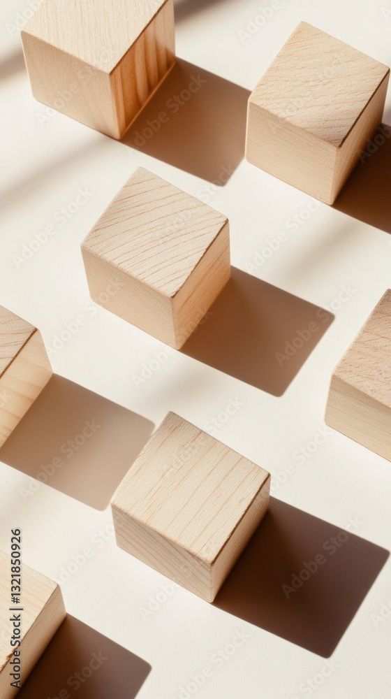 Poster Minimalist Network Topology Wooden Block Grid Visualizing Organizational Connectivity, Digital Transformation, and Modular Business Architecture