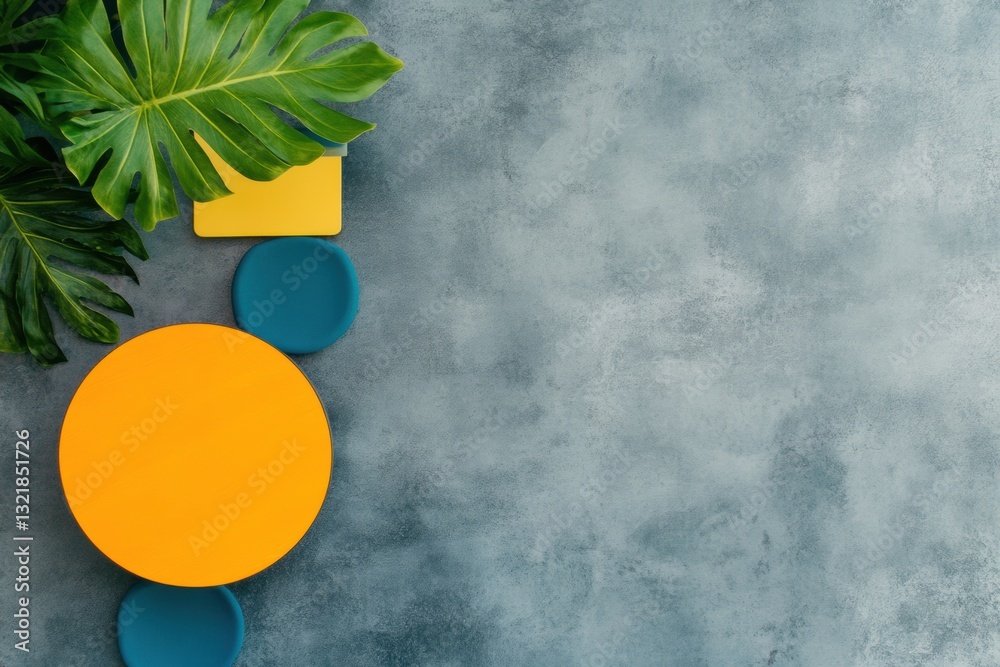 Poster minimalist color pop design tropical monstera leaf with geometric yellow and teal circles on texture