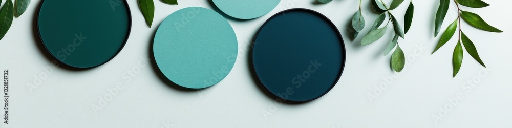 Aufkleber minimalist color palette design tranquil teal and navy circular elements with organic green leaves -