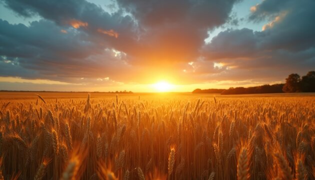 Dramatic golden sunrise over wheat field, symbol new beginnings. Sun rays illuminate crops, create tranquil rural landscape. Blue sky with vibrant clouds. Summer harvest season on farm.