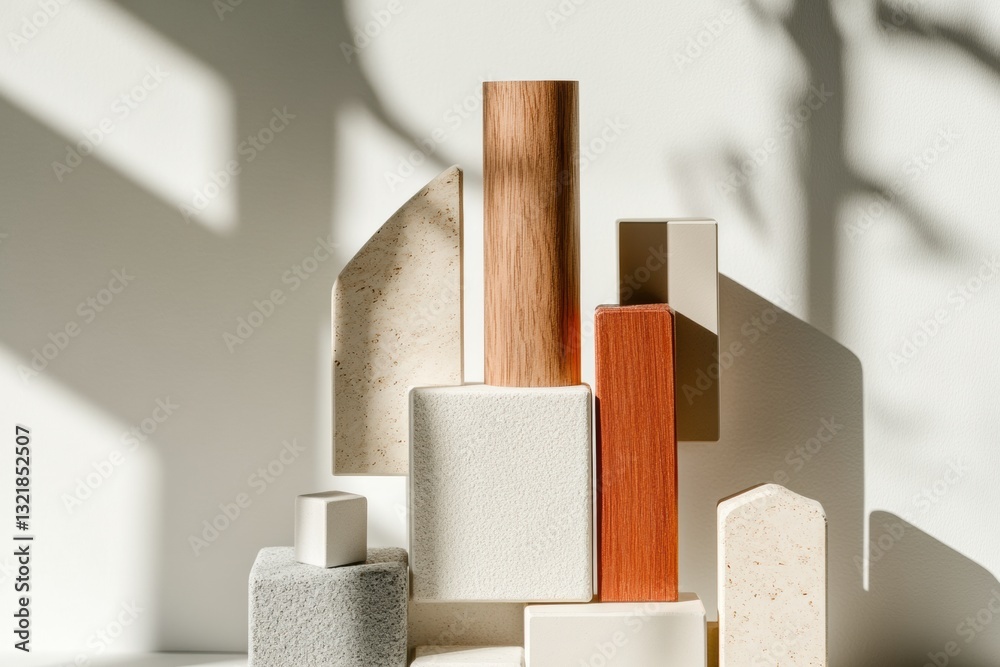 Aufkleber minimalist architectural composition organic wood and concrete sculptural forms exploring spatial de