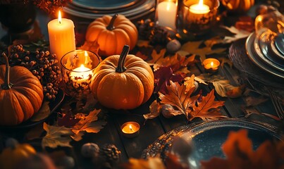 A table centerpiece displays autumn foliage and seasonal gourds