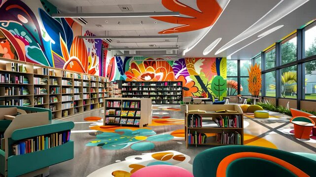 Library children's section decorated with colorful murals and interactive learning stations