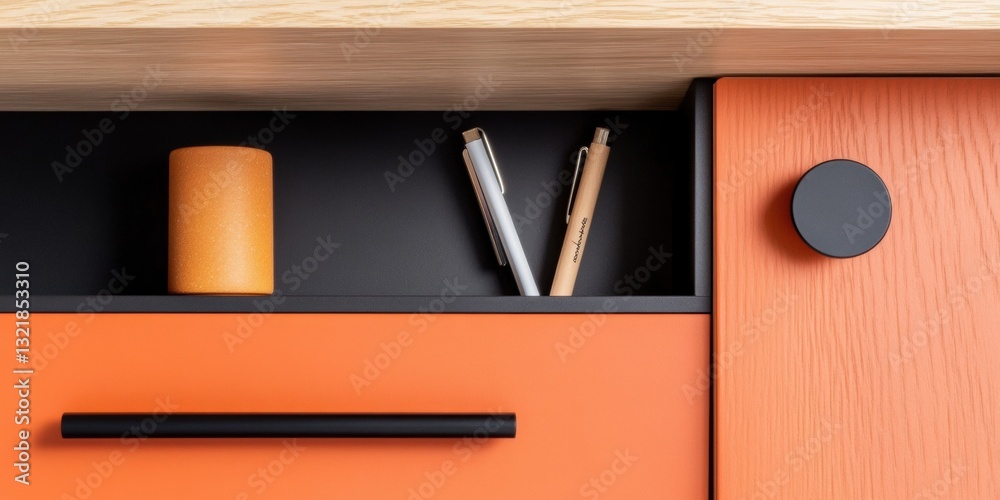 Poster Minimalist Workspace Optimization Ergonomic Storage Solutions for Modern Professionals with Sleek Modular Design and Terracotta-Inspired Color Palette
