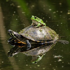 frog riding on turtle in the pond