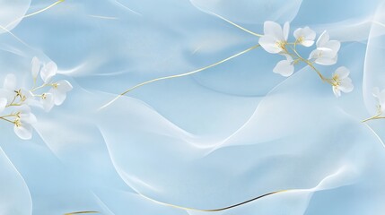 Soft blue background with golden lines, transparent curtain with white flowers and leaves