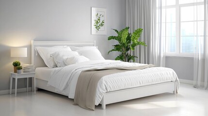 A minimalistic farmhouse-style white bed with a soft linen mattress, isolated on a white background.