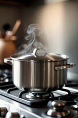 Cooking a delicious meal with steam rising from a stainless steel pot on the stove in a cozy kitchen
