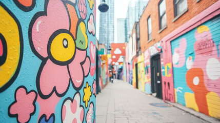 Obraz premium A vibrant alleyway featuring colorful street art and murals, creating a lively urban atmosphere.