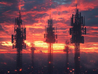 Telecommunication Towers at Dusk: Connecting the Digital Skyline at Twilight