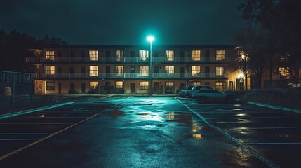 The parking lot of a creepy five-story hotel at night, horror vibes