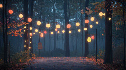 A misty forest pathway adorned with colorful lanterns, creating a magical atmosphere under the trees.