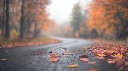 A serene autumn scene showcasing a winding road blanketed with fallen leaves amidst misty trees.