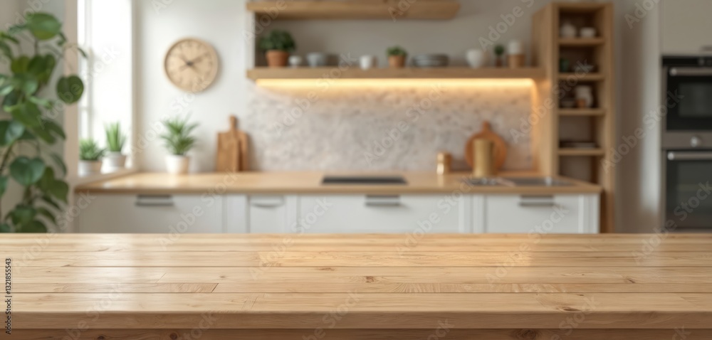 Poster wooden table against blurred kitchen background. rustic interior with empty space for food objects. 