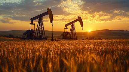 Naklejka premium Oil pumps working on a beautiful field during a golden sunset landscape