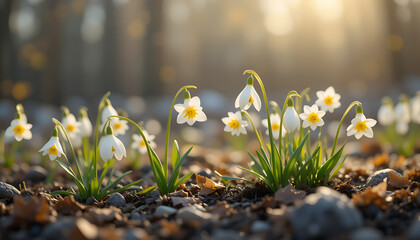 
A vibrant blossom of first spring flowers with colorful wildflowers blooming, butterflies fluttering, and the sun shining
spring flowers in the grass
