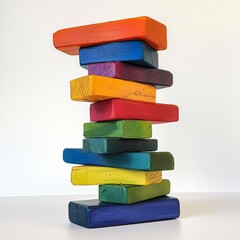 Multicolored Jenga , with fallen blocks on the side