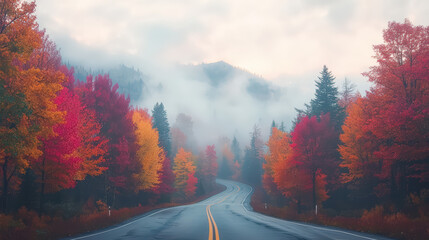 A winding road surrounded by vibrant autumn foliage and misty mountains creates a serene and picturesque landscape.
