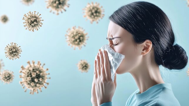 Health crisis woman sneezing amidst virus particles home setting portrait emotional response - Powered by Adobe