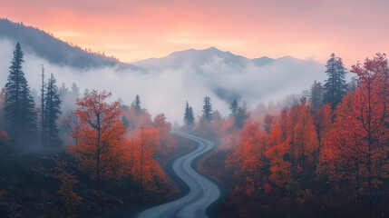 A winding road meanders through a vibrant autumn landscape, shrouded in mist, with mountains rising in the background under a soft, colorful sky.