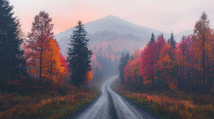 A winding road through a vibrant forest in autumn, framed by colorful trees and misty mountains in the background.