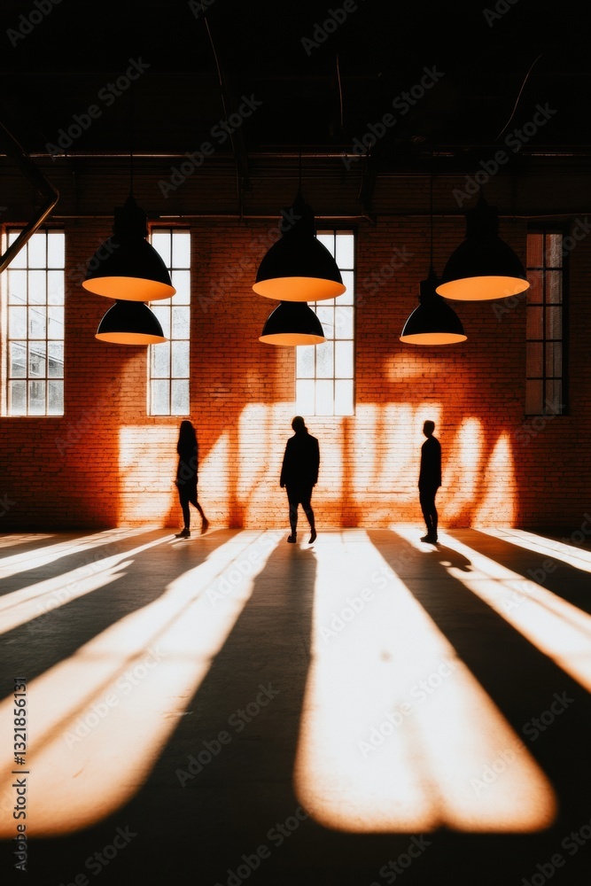 Poster dynamic urban workspace revolution silhouetted professionals navigating transformative industrial de